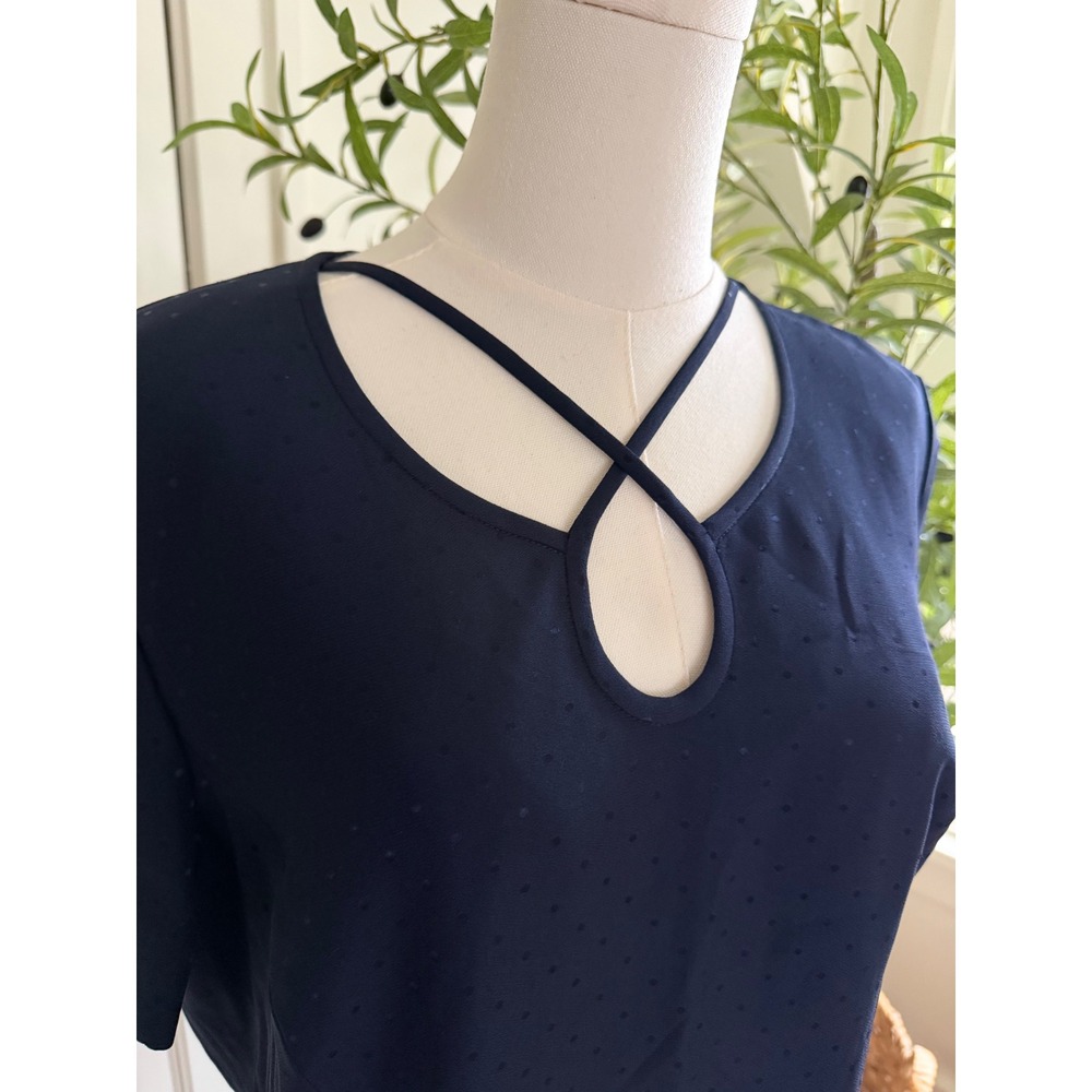 Liz Claiborne Petite Navy Blue Jacquard Polka Dot Keyhole Shift Dress 14P - Picture 3 of 10